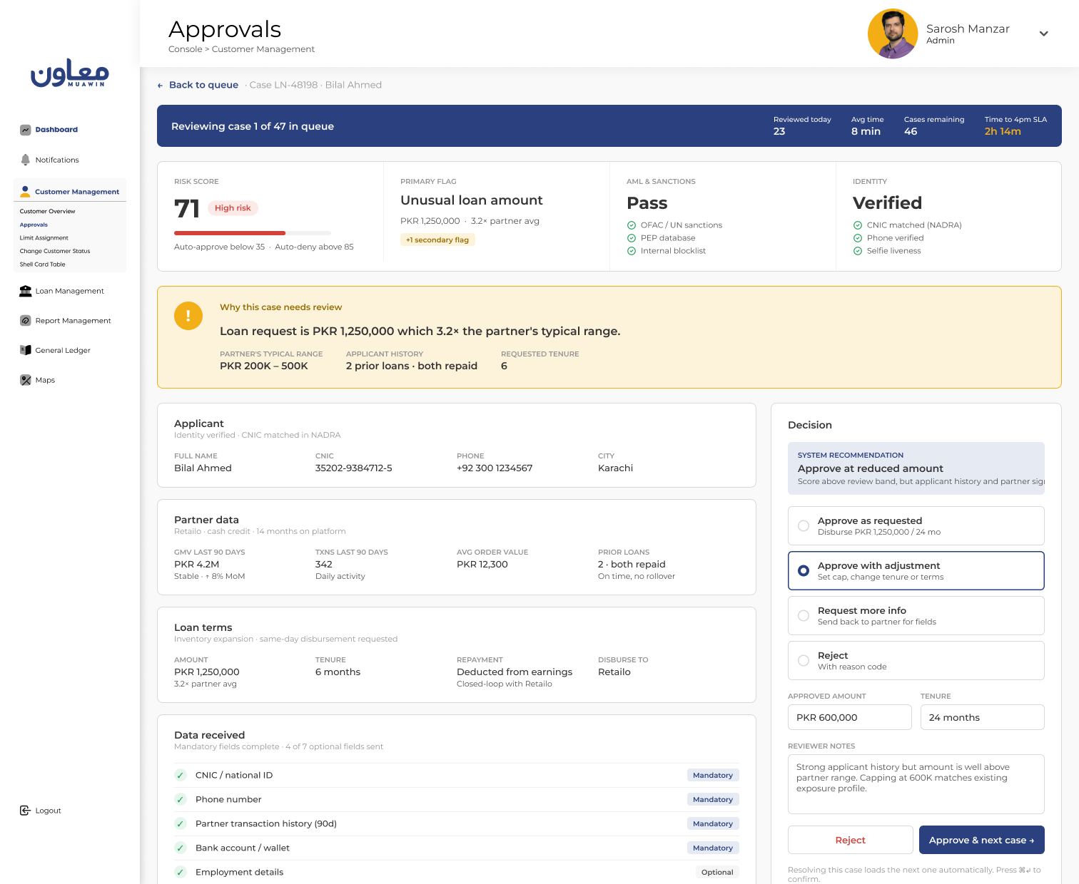 Case detail view with critical signals pinned at the top (risk score, primary flag, AML status, identity), a flag-first explanation card showing why the case was routed to review with comparative context, and a decision panel with system recommendation and Approve & next case action.